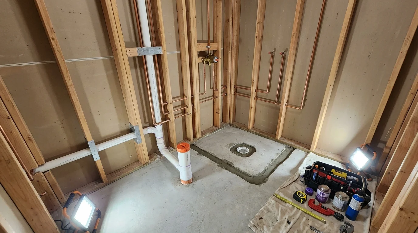 Bathroom rough-in plumbing during remodel by Johns Plumbing LLC in South Windsor