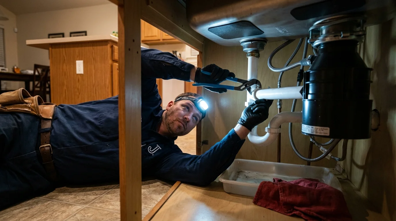 P-trap and supply line connections under a kitchen sink showing a common leak point in South Windsor, CT